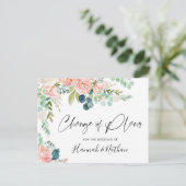 の計画結婚の変更赤面ピンクフローラ新しい日付 案内ポストカード (スタンド正面)