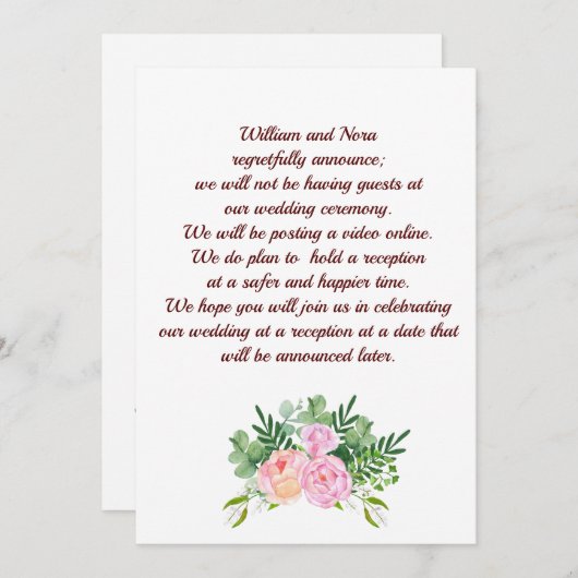 の計画結婚の変更,ピンク色のバラ牡丹 案内状 (正面/裏面)