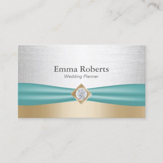 の計結婚画ティール(緑がかった色)リボンモダンシルバー&金ゴールド 名刺 (正面)