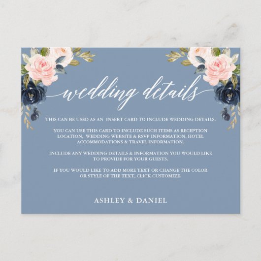の詳細結婚ダスティブルーピンクフローラ挿入カード ポストカード (正面)