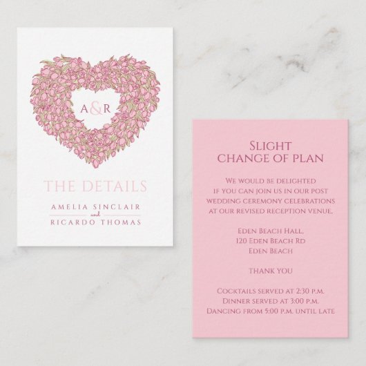 の詳細結婚ピンクのチューリップハートブーケモノグラム エンクロージャーカード (正面/裏面)