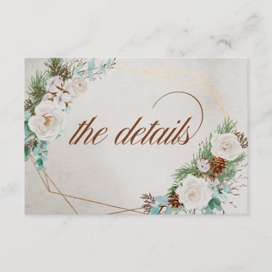 の詳細結婚冬の白いバラと松のコーン エンクロージャーカード (正面)