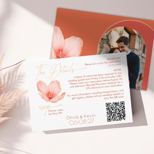 の詳細結婚明るいオレンジ色の花アーチ写真 エンクロージャーカード