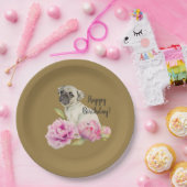 |の誕生日を絵を描くパグおよびシャクヤク|の水彩画 ペーパープレート (パーティー)