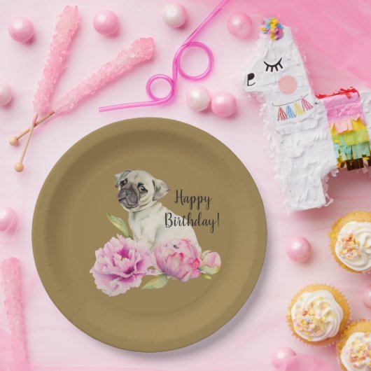 |の誕生日を絵を描くパグおよびシャクヤク|の水彩画 ペーパープレート (パーティー)