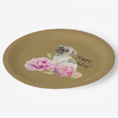 |の誕生日を絵を描くパグおよびシャクヤク|の水彩画 ペーパープレート (アングル)