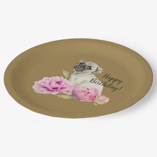 |の誕生日を絵を描くパグおよびシャクヤク|の水彩画 ペーパープレート (アングル)