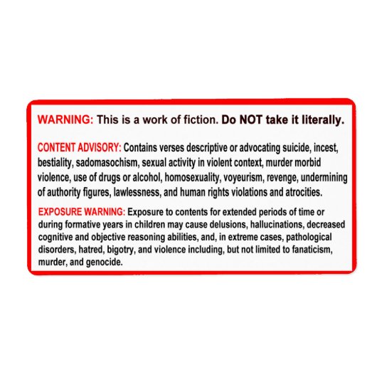 の警告聖書のラベル ラベル (正面)