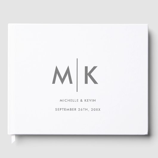 の豪華な結婚モノグラムモダングレイ白 ゲストブック (正面)
