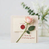 の赤ワックスシール付きピンク結婚ローズ 招待状 (スタンド正面)