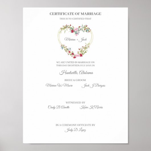 の赤結婚とピンクのフローラハートの証明書 ポスター (正面)