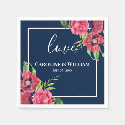 の赤結婚とピンクの花ダークネイビーブルー スタンダードカクテルナプキン (正面)