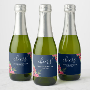 の赤結婚とピンクの花ダークネイビーブルー スパークリングワインラベル