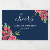 の赤結婚とピンクの花ダークネイビーブルー スパークリングワインラベル (シングルラベル)