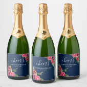 の赤結婚とピンクの花ダークネイビーブルー スパークリングワインラベル (ボトル)