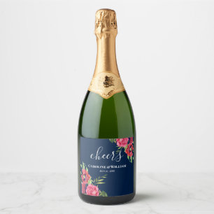 の赤結婚とピンクの花ダークネイビーブルー スパークリングワインラベル