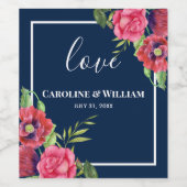 の赤結婚とピンクの花ダークネイビーブルー ワインラベル (シングルラベル)