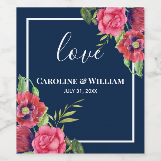 の赤結婚とピンクの花ダークネイビーブルー ワインラベル (シングルラベル)