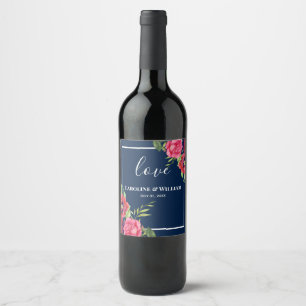 の赤結婚とピンクの花ダークネイビーブルー ワインラベル