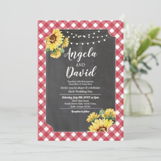 の赤結婚白ひまわりギンガムフローラ灯 招待状 (スタンド正面)