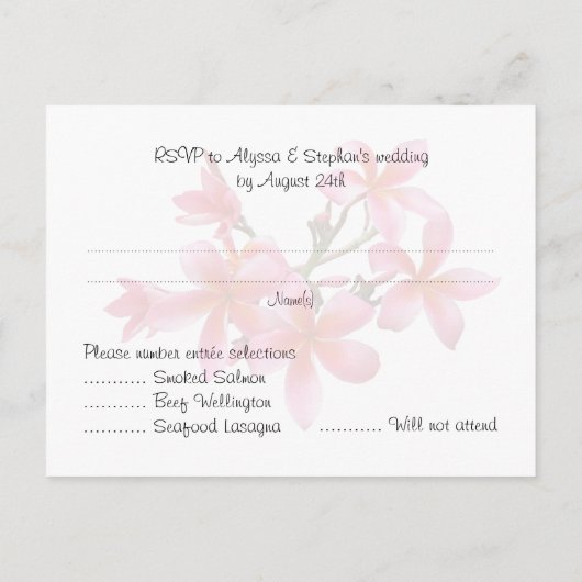 の返信結婚メニューはがきピンクプルメリアフローラ インビテーションポストカード (裏面)