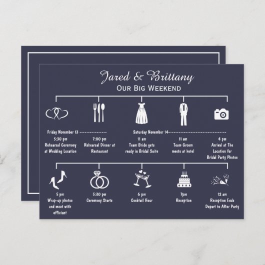 の週末の結婚タイムラインの日程 インビテーションポストカード (正面/裏面)