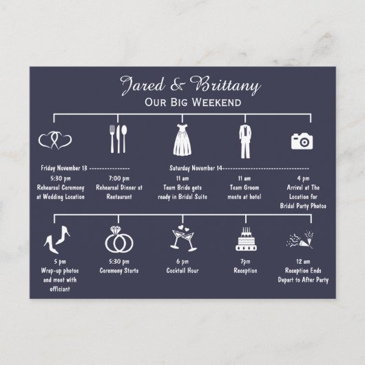 の週末の結婚タイムラインの日程 インビテーションポストカード (正面)