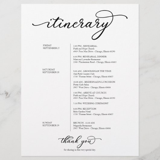 の週末結婚のウェルカム旅程シックなスクリプト (裏面)