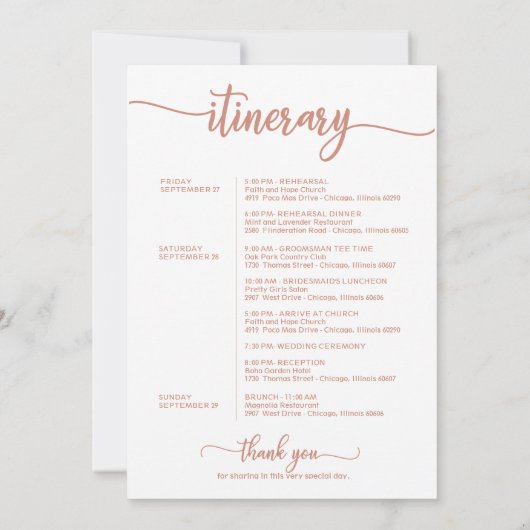 の週末結婚の歓迎の旅程レターバラ金ゴールド 招待状 (裏面)