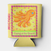 の遊ビーチタコ黄色パーソナライズされた名 缶クーラー (正面)