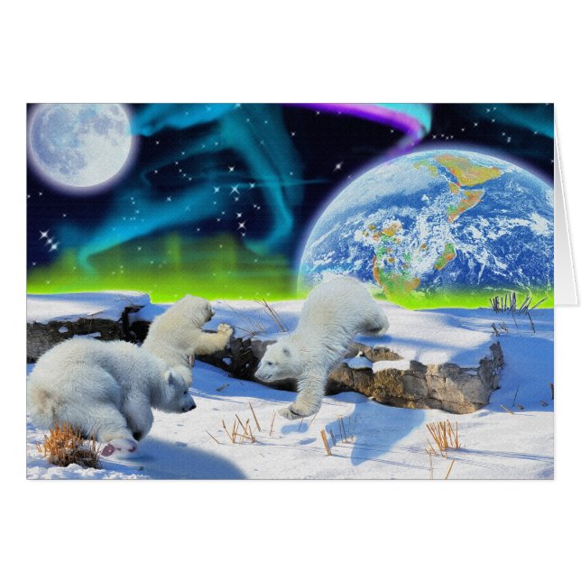 の遊Polar Bear Cubs & Aurora Art Card (正面横)