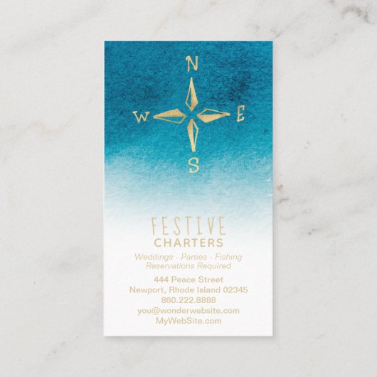 *~*の金コンパスのビーチの海の海の白いティール(緑がかった色)の青 名刺 (裏面)