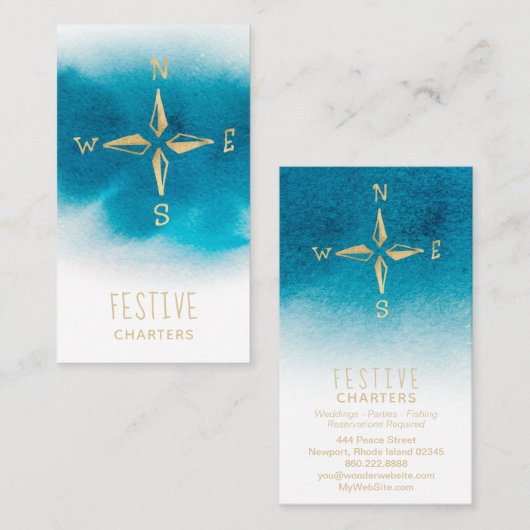 *~*の金コンパスのビーチの海の海の白いティール(緑がかった色)の青 名刺 (正面/裏面)