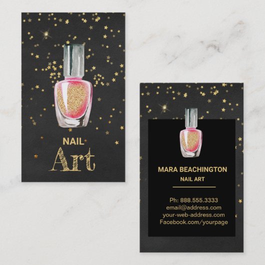 *~*の金ゴールドのグリッターのネイルアートのポーランド人のボトルの星 名刺 (正面/裏面)