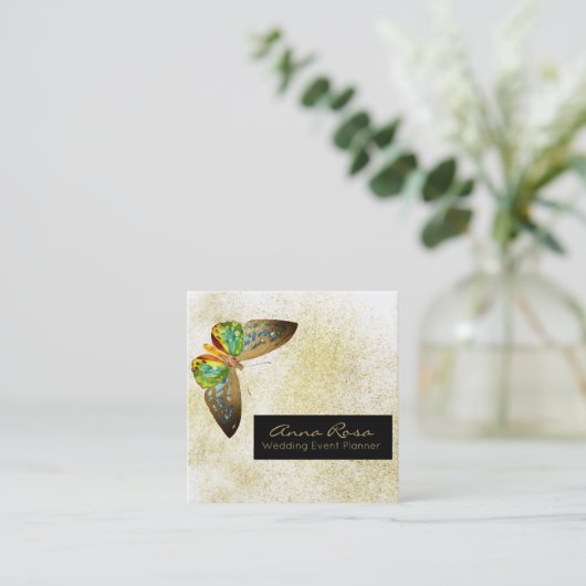 *~*の金ゴールドのグリッターの金ゴールドは水彩画の蝶を金めっきしました スクエア名刺 (スタンド正面)