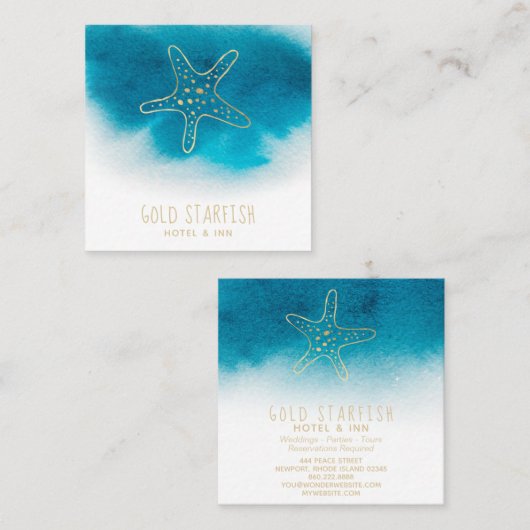 *~*の金ゴールドのヒトデのビーチの海の海の白いティール（緑がかった色）の青 スクエア名刺 (正面/裏面)