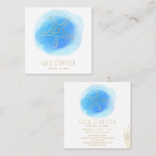 *~*の金ゴールドのヒトデのビーチの海の海の白く青い塊 スクエア名刺 (正面/裏面)