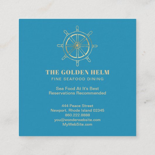 *~*の金ゴールドの舵輪の素晴らしい食事の海の白いティール（緑がかった色）の青 スクエア名刺 (裏面)
