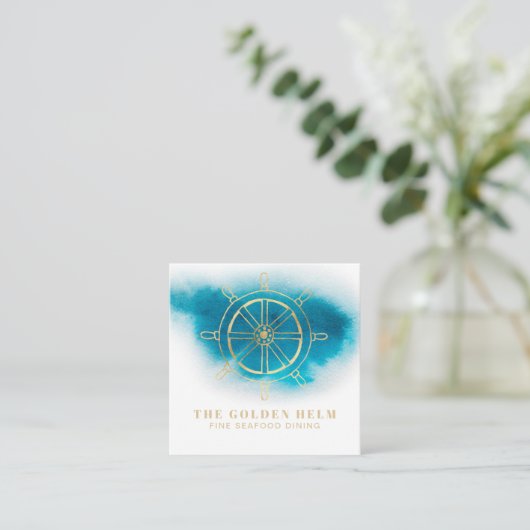 *~*の金ゴールドの舵輪の素晴らしい食事の海の白いティール（緑がかった色）の青 スクエア名刺 (スタンド正面)