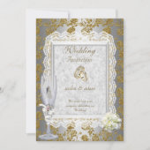 の金ゴールド結婚ホワイトアンティークレースフローラリングや輪 招待状 (正面)