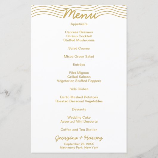 の金ゴールド結婚ホワイトウェーブラインミニマリストメニュー (正面)