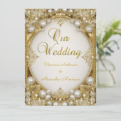 の金ゴールド結婚ホワイトベージュクリームパール楕円フレーム 招待状 (スタンド正面)