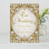 の金ゴールド結婚ホワイトベージュクリームパール楕円フレーム 招待状 (スタンド正面)