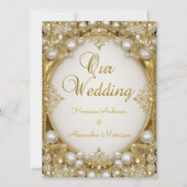の金ゴールド結婚ホワイトベージュクリームパール楕円フレーム 招待状 (正面)