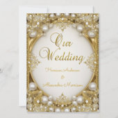 の金ゴールド結婚ホワイトベージュクリームパール楕円フレーム 招待状 (正面)