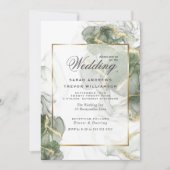 の金ゴールド結婚ミュートセージ緑のインク 招待状 (正面)