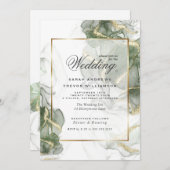 の金ゴールド結婚ミュートセージ緑インクC 招待状 (正面/裏面)