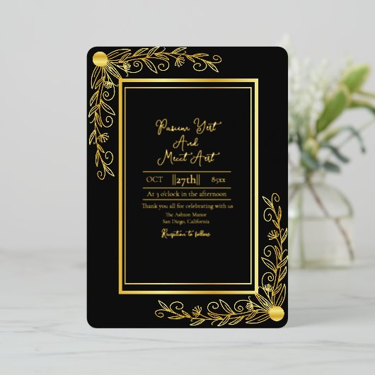の金結婚の背景フローラ金箔 箔招待状 (立ち正面)