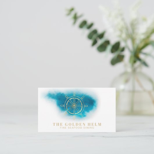 *~*の金舵輪の素晴らしい食事の海の白いティール(緑がかった色)の青 名刺 (スタンド正面)