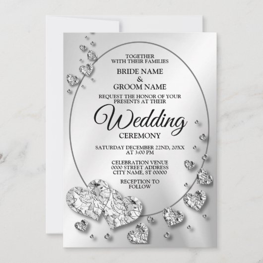 の銀結婚光沢ハート幾何学的エレガント 招待状 (正面)